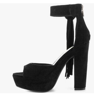 YDN Black Chunky High Heel Platform Open Toe Fringe Tassel Ankle Strap Sandals